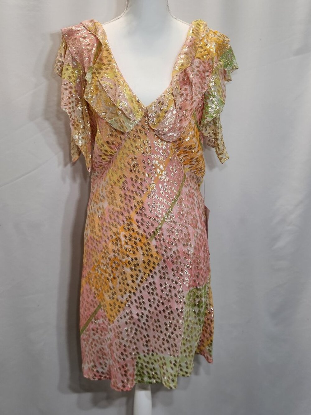 Never Fully Dressed Pink Gold Metallic Shimmer Ruffle Dress 12 NWT